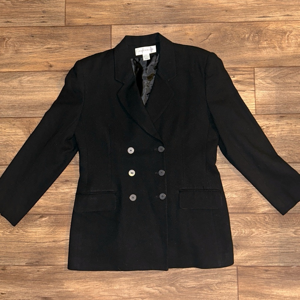 Jones New York Wool Blazer 12(10) Black Double Breasted Travel  Classic Vintage
